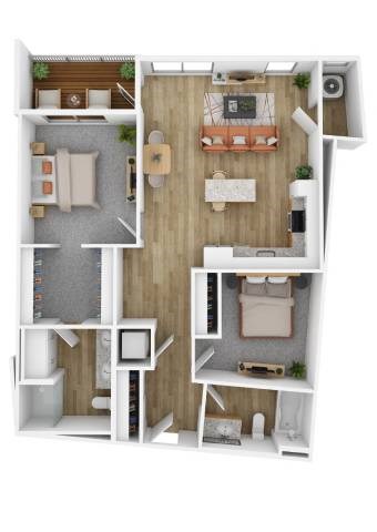 Floor plan for 2 beds, 2 baths, 1026 sqft